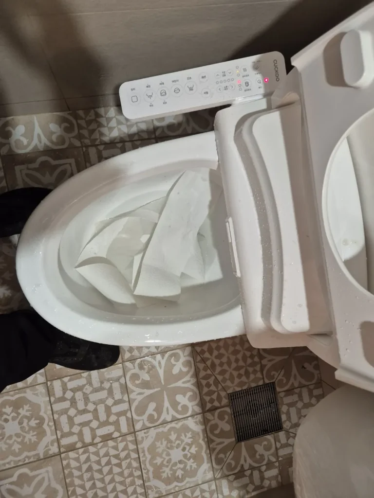 휴지가 가득 차 물이 안 빠지는 변기
