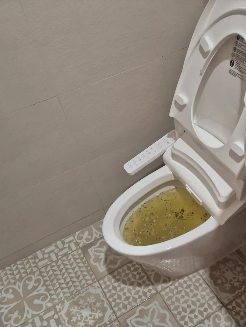 배곧동 변기막힘으로 수위가 높게 차오른 비데 달린 변기